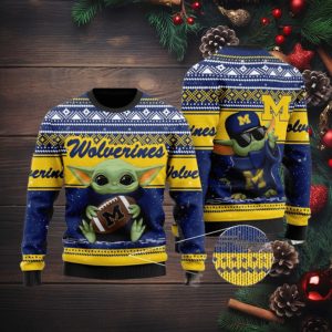 Michigan Wolverines Grogu Baby Yoda Hug Logo Ugly Christmas Sweater